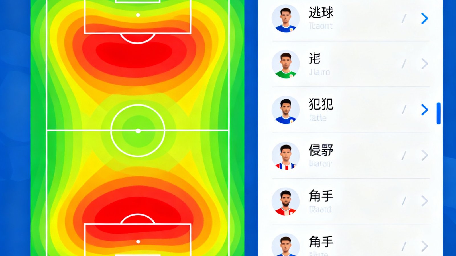 足球比赛实时比分界面展示，左侧有球队控球率热力图，右侧是实时事件列表